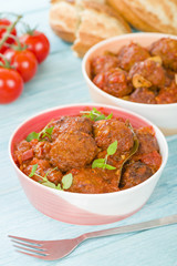 Fototapeta premium Albondigas Guisadas - Meatballs in tomato sauce with thyme leaves. 