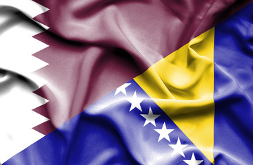 Waving flag of Bosnia and Herzegovina and Qatar
