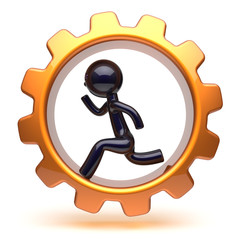 Man character running inside gearwheel businessman work
