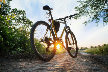 Fototapeta premium Mountain bike on the countryside road on sunset