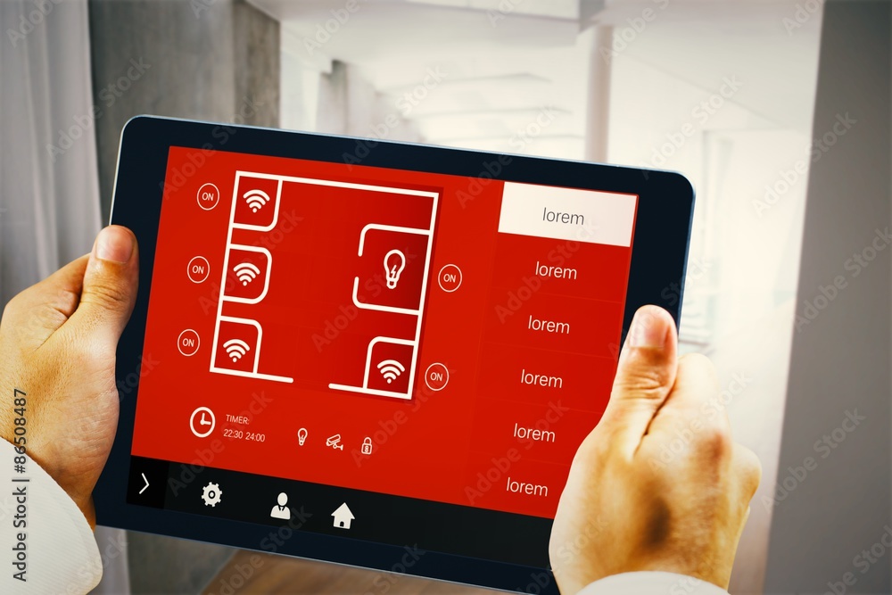Poster composite image of man using tablet pc