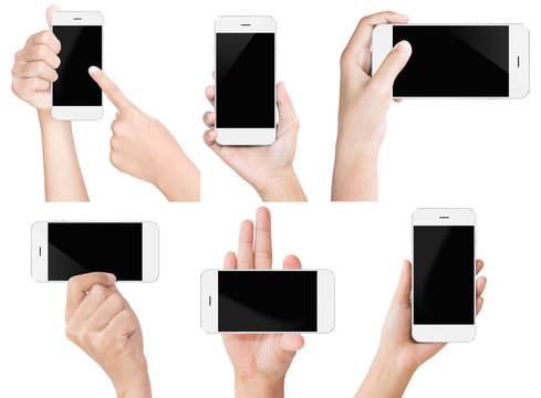 hand hold white modern smart phone show screen display isolated