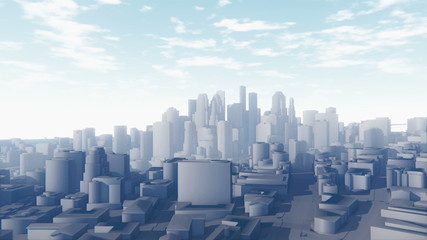 Flight through abstract white city, from the suburbs to the top of skyscrapers