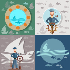 Old man and the sea, sailor, ships, fishing, vector