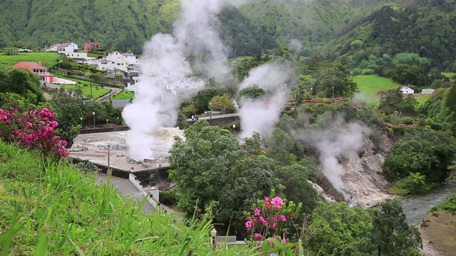 Hot spring with boiling water at the Caldeiras in the city of Furnas, Sao Miguel island, Azores.