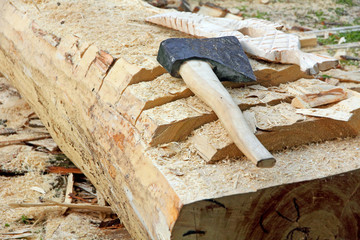 Splitting axe on a tree trunk.