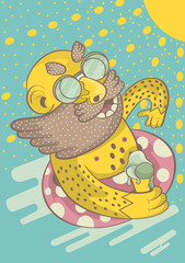 a man in sunglasses with a beard swimming in the sea under the s