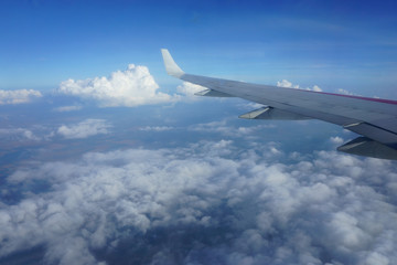 Fototapeta na wymiar wing of the plane in the clouds
