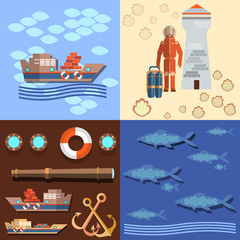 Industrial fishing in the oceans and seas, diver, vector 