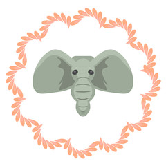 Elephant head vector cartoon illustartion. Grey african mammal in pink portrait frame
