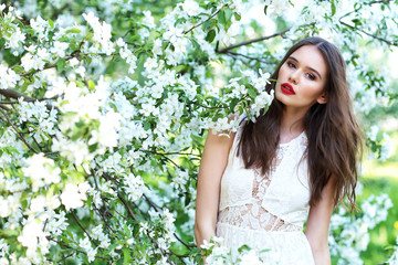 Portrait of young beautiful woman in spring blossom trees.