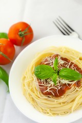 Spaghetti, pasta, dish.