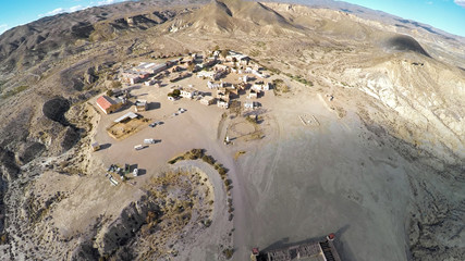 Aerial photo of the western movie town Fort Bravo. Texas Hollywood. Desierto de Tabernas, Almeria Andalusia. Spain.