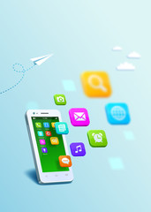 White smartphone with cloud of application colorful icons. Template design cover book, flyer, poster