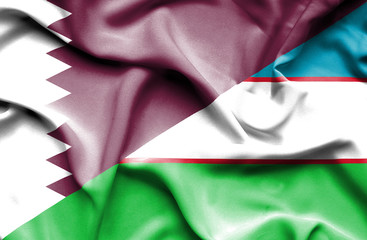 Waving flag of Uzbekistan and Qatar
