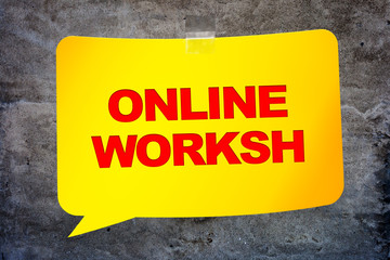 "Online worksh" in the yellow banner textural background. Design