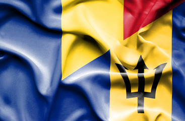 Waving flag of Barbados and Romania