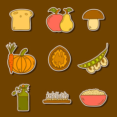 Set of modern stickers in hand drawn style on vegan food theme