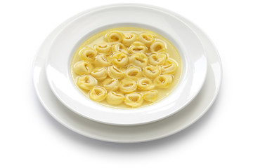 tortellini in brodo, ring shaped pasta in broth, italian emilia romagna soup cuisine