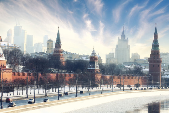 Moscow Kremlin Cathedral winter landscape embankment