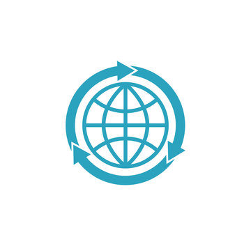 Blue globe logo with arrows, mockup globalization concept sign