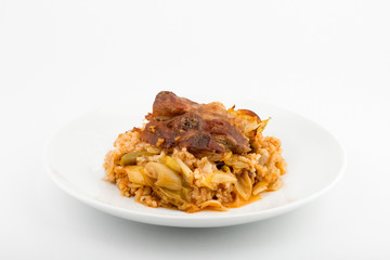 Pork with leeks and rice.