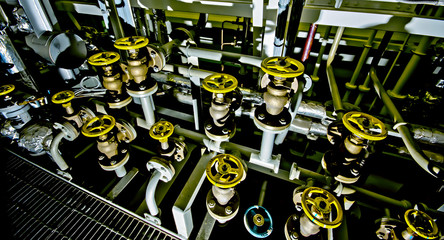 Ships valves, main engine - engineering interior - submarine