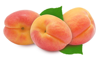 Three fresh apricots with green leaves isolated on white background. Design element for product label.