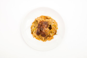Pork with leeks and rice.