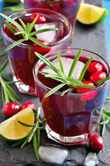 Red refreshing cranberry cocktail with rosemary, lime, and ice cubes, selective focus