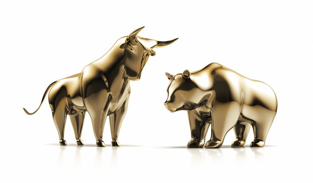 Bulle und B&auml;r in Gold vor Wei&szlig;