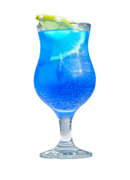 Cool refreshing blue curacao cocktail in a tall glass with orang