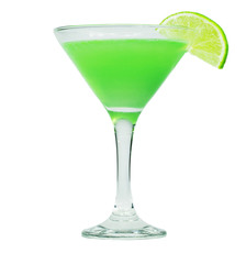 green martini cocktail into glass on white background