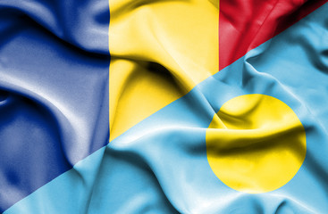 Waving flag of Palau and Romania