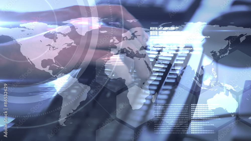 Poster geographical interface over hands typing