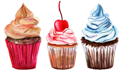 A set of watercolor cupcakes on white background