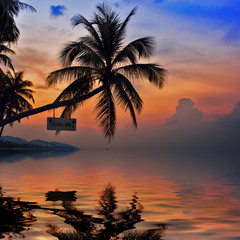 Naklejka na ściany i meble Palm Trees silhouettes on the Colorful Sky background with refle