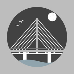 Water bridge flat icon with birds and moon