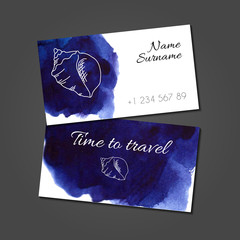 Business card with seashell on watercolor stain