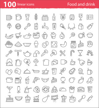 One hundred thin line food and drink icons