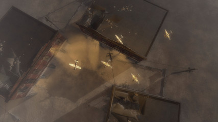Airplane Squad Flying Over Dusty War Zone at Night