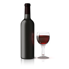 Blank black realistic bottle for red wine with glass isolated on