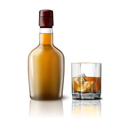 Blank realistic whiskey bottle with glass, isolated on white