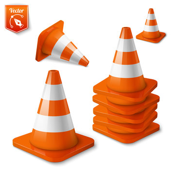 Realistic vector - set of orange road cones with stripes.