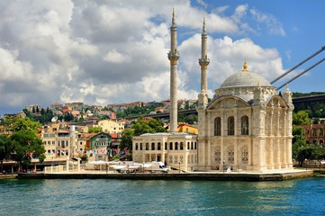 Fototapeta na wymiar Ortakoy mosque and Bosphorus bridge, Istanbul, Turkey- Buyuk Mecidiye Cami