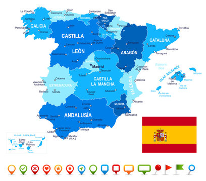 Spain - map, flag and navigation icons - illustration.Image contains next layers: land contours, country and land names, city names,water object names,flag,navigation icons.