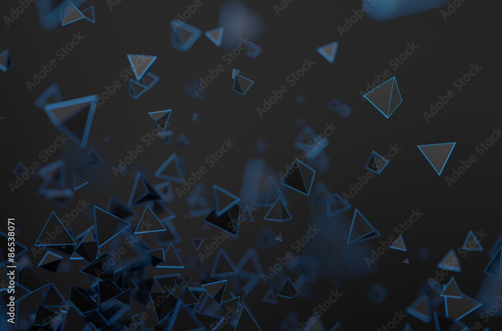 Poster abstract 3d rendering of flying pyramids.