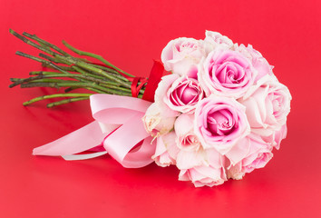 pink and white rose on red background