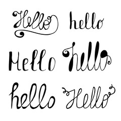 Hello in different style vector set. Hand drawn collection of He