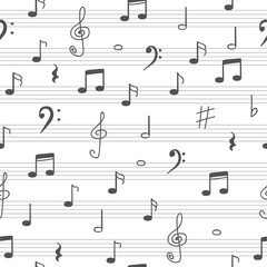 Music seamless pattern background. Hand drawn music notes